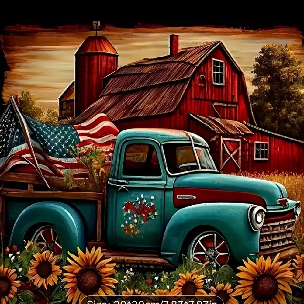 - Rustic Farmhouse Landscape with Pickup Truck and Sunflowers -NIP
